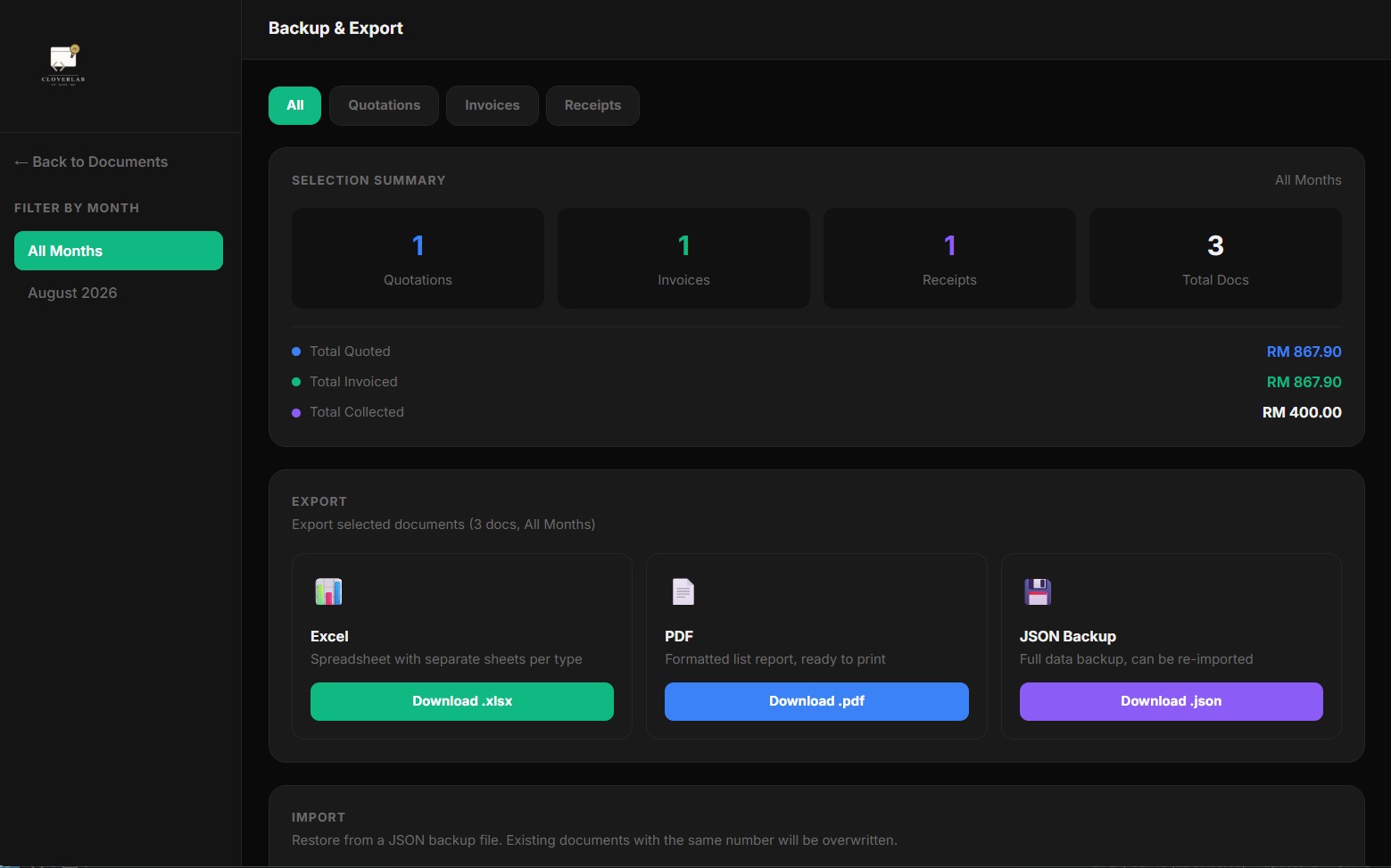 CloverBill backup and export screen with a monthly sales report